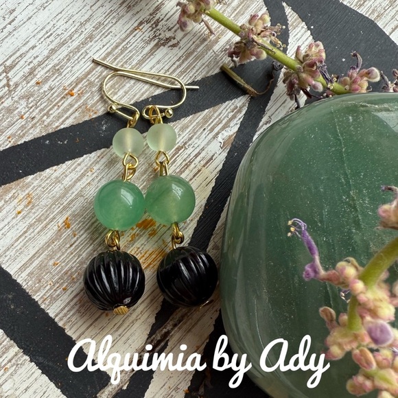 Alquimia Green and Black Dangle Earrings with Textured Beads aventurine - Picture 1 of 1